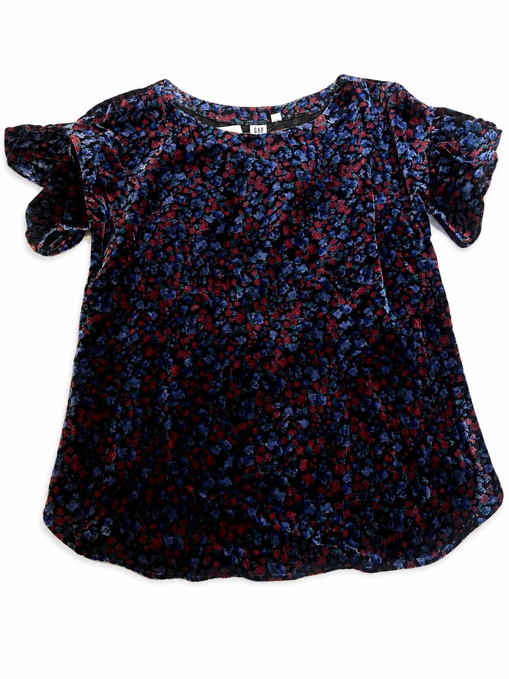 GAP Maternity Floral Velvet Short Sleeve Top in Blue and Burgundy
